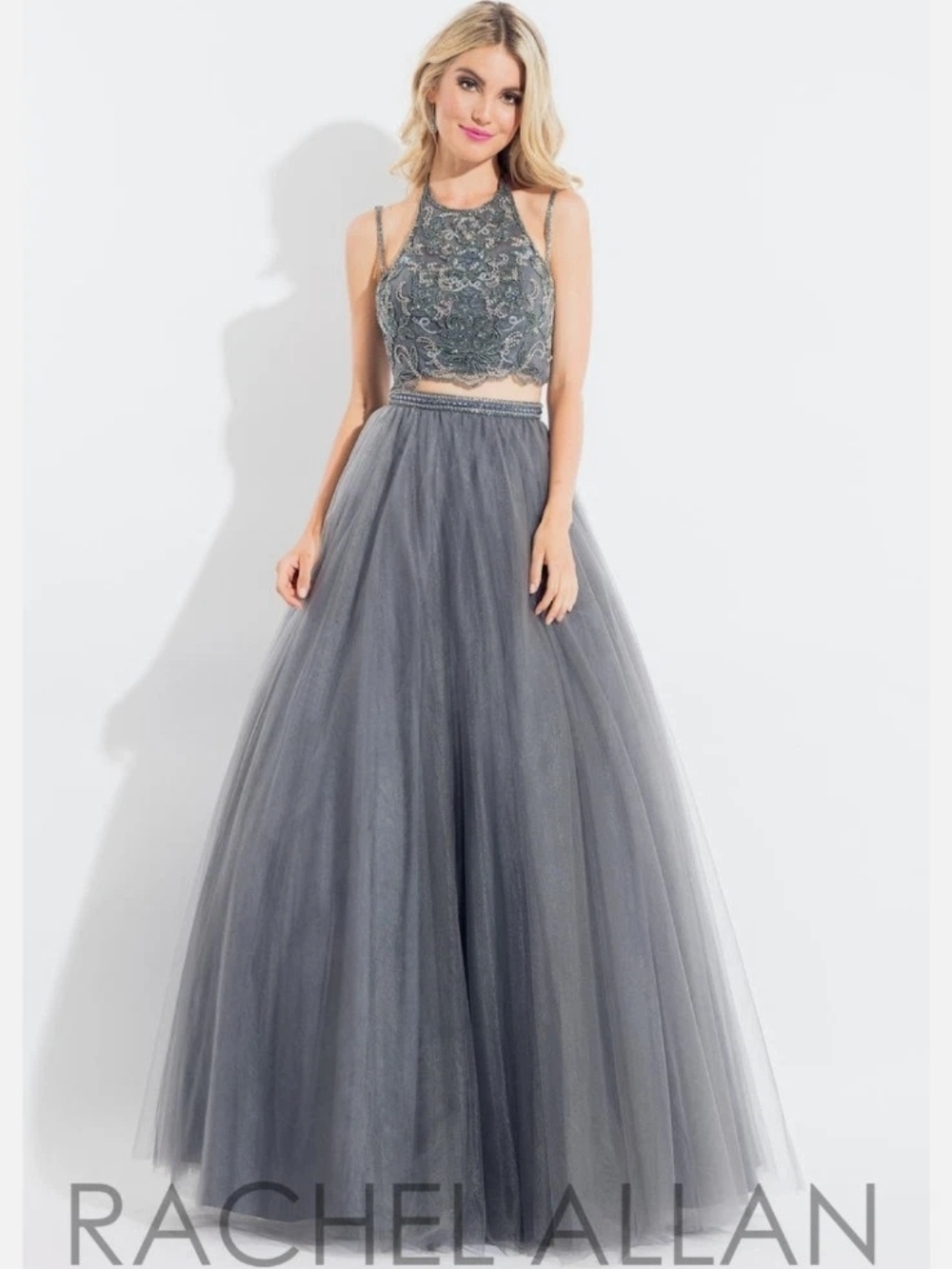 Rachel Allan Gray Beaded Halter Two-Piece Tulle Gown size 2 nwt